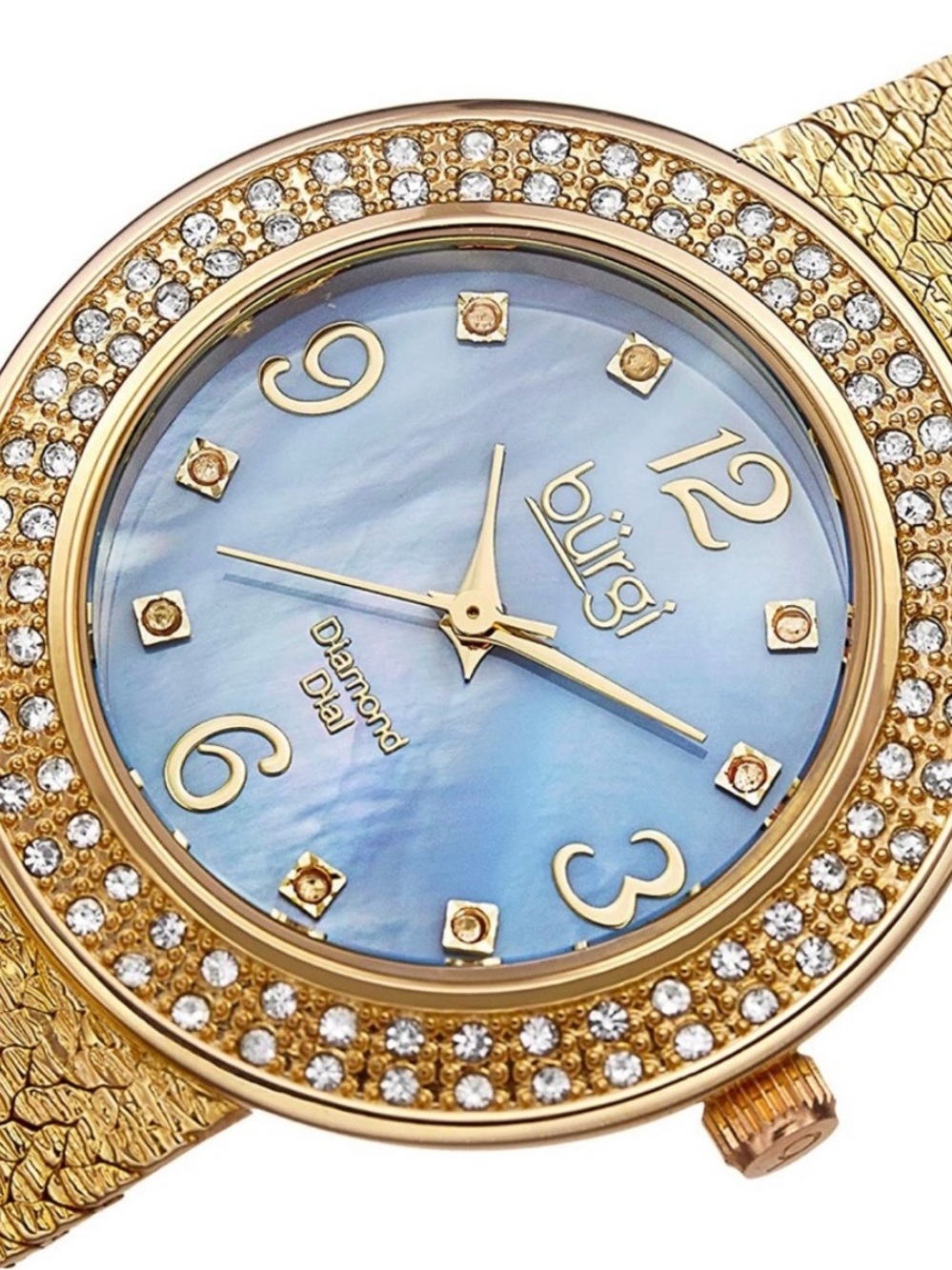 NWOT Designer Burgi Crystal Swiss Watch Mother of Pearl Dial & 8 Diamond Markers